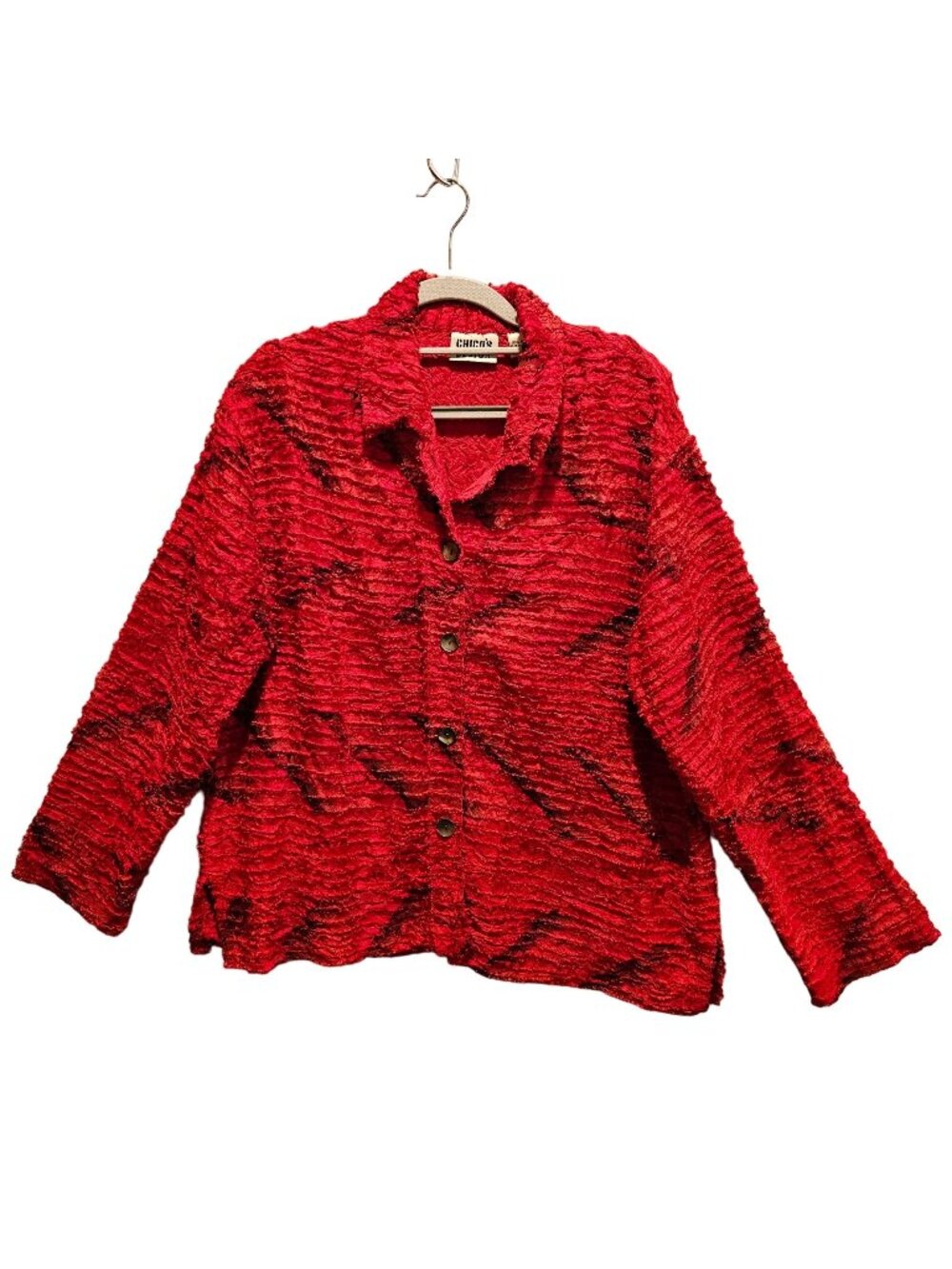 Chico's Womens L Silk Jacket Fringed layers shell buttons Classy Career boho